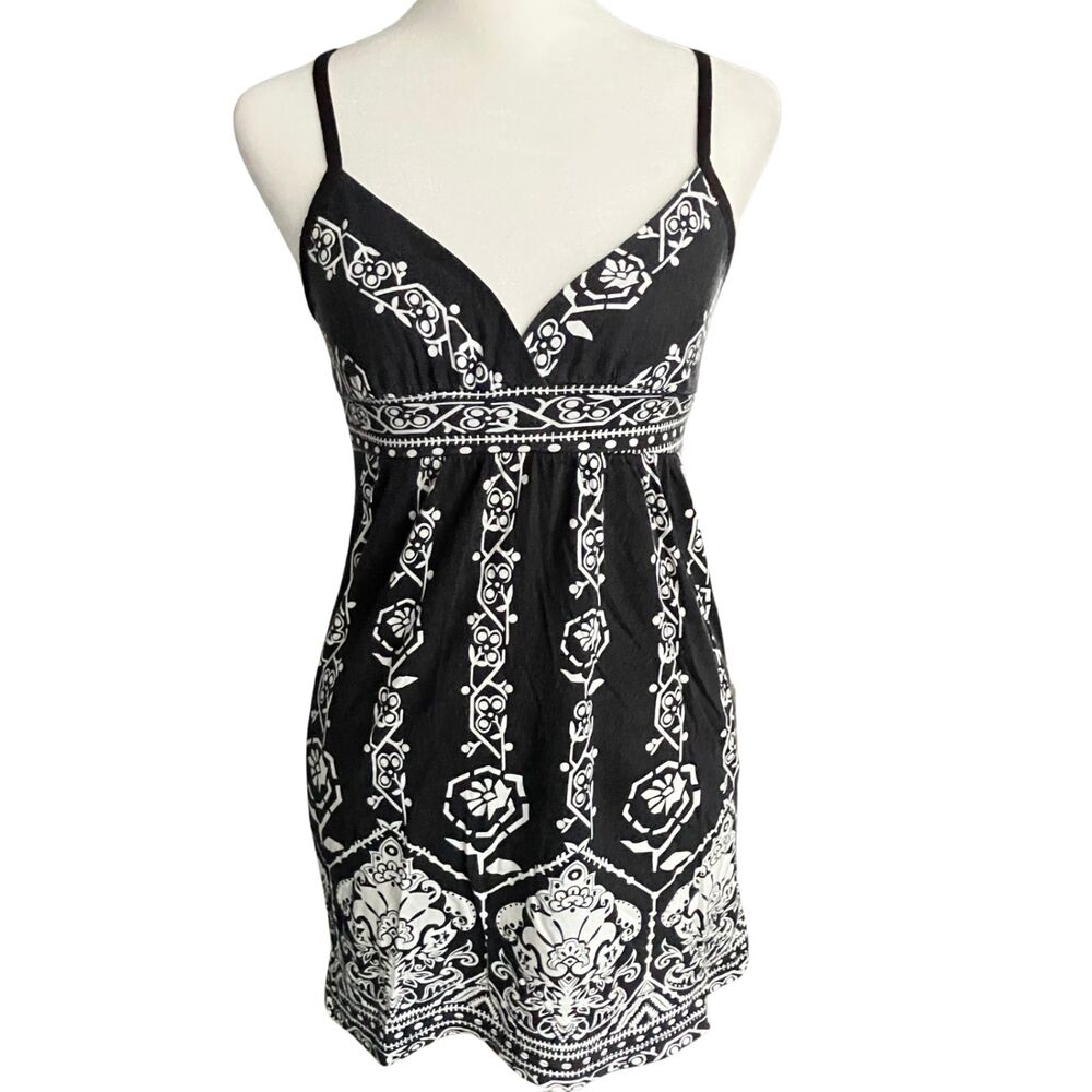 Y2K Floral Damask Boho Black & White Babydoll Cami Tank Top Sz S Indie Festival